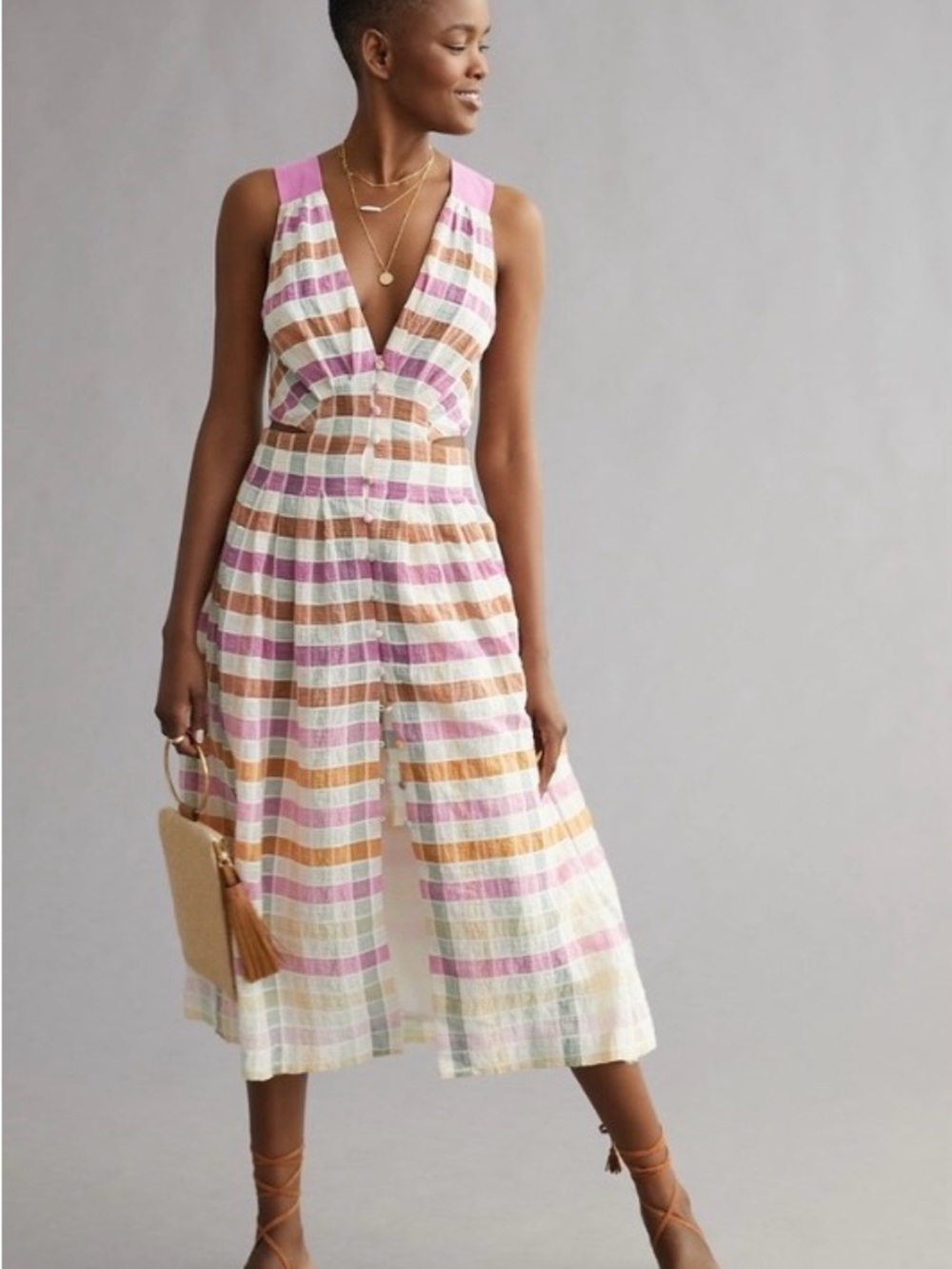 Anthropologie Striped V-Neck Sleeveless Midi Dress in Pink, Tan & White